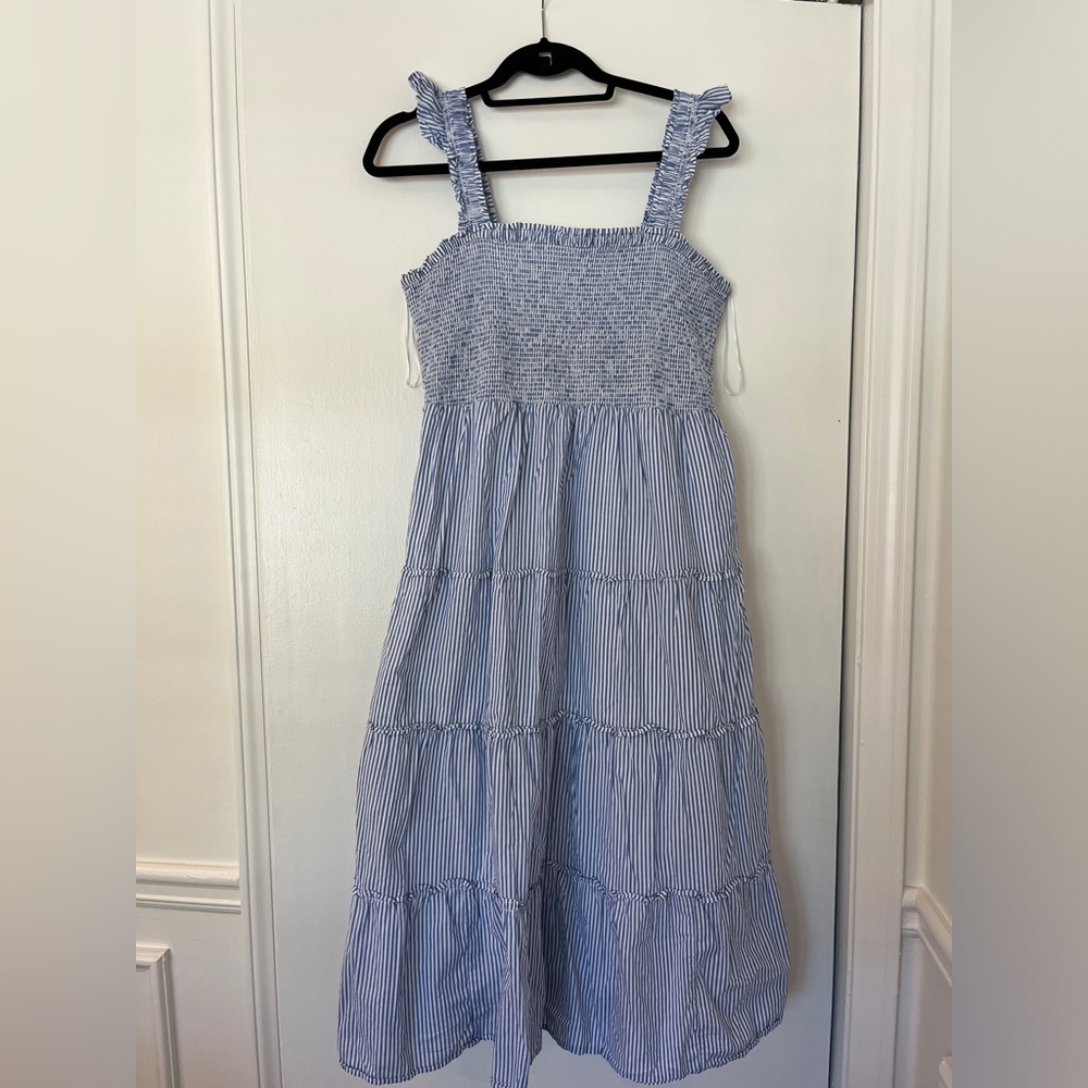 J. Crew Blue Striped Smocked Tiered Midi Dress